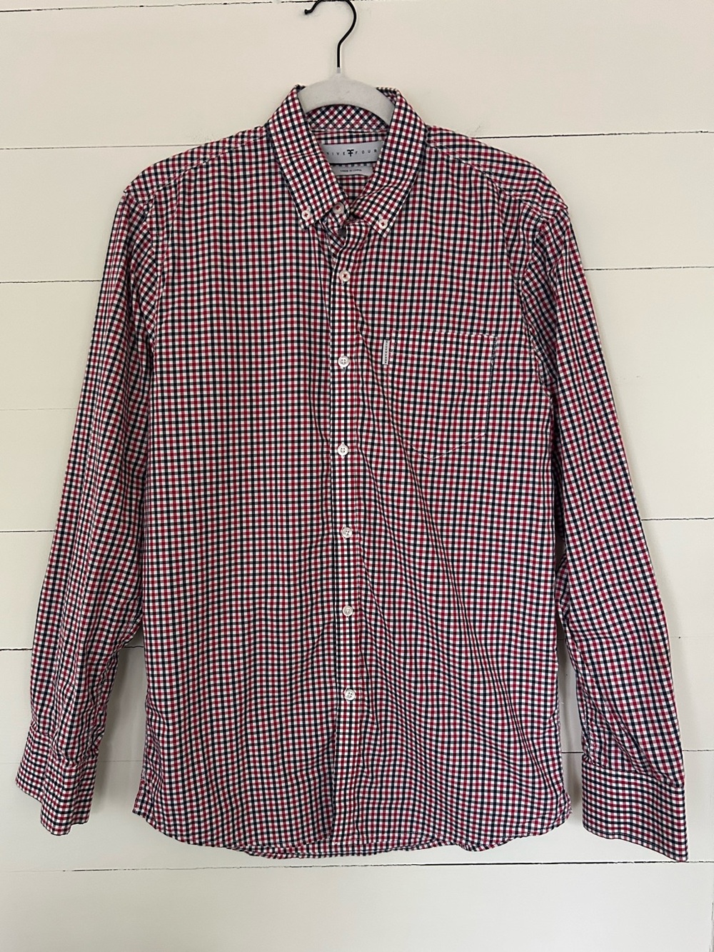 Five Four Red and White Gingham Button-Down Shirt, 100% Cotton. Size Medium.